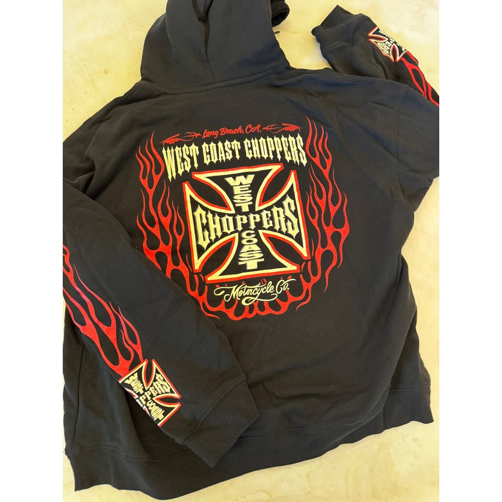 West Coast Choppers Mens 2XL Black Flame Sleeve Iron Cross Motorcycle Hoodie